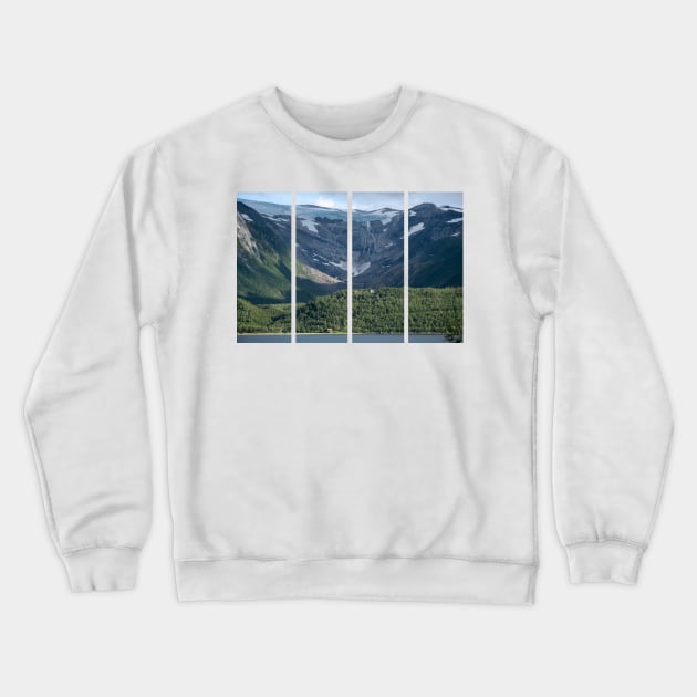 Wonderful landscapes in Norway. Nordland. Beautiful scenery of Svartisen glacier. Engabreen from the Holandsfjorden view. Mountains, trees, rocks and houses in background Crewneck Sweatshirt by fabbroni-art